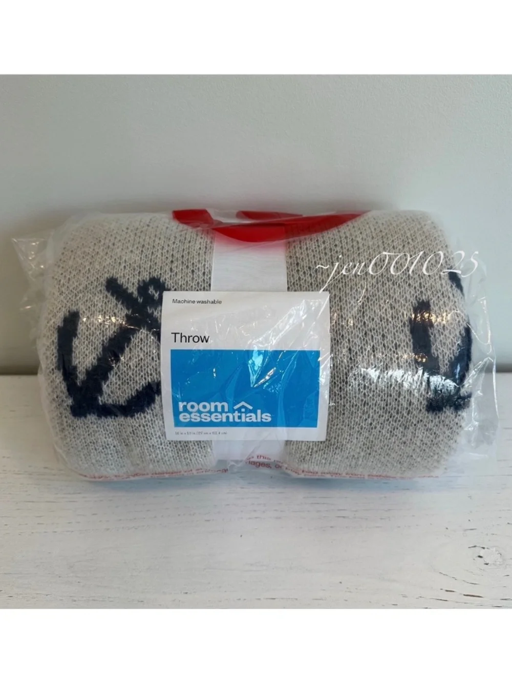 Knitted Anchor Throw Blanket Grey/Blue Coastal - Room Essentials